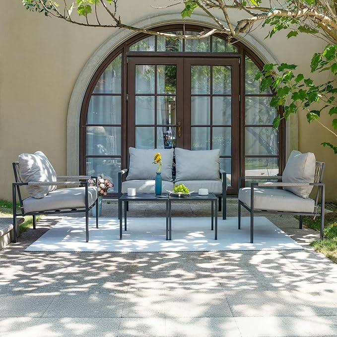 PATIOCHIC 5 Pieces Rattan Outdoor Furniture Set, All-Weather Patio Conversation Set with Warm Grey Cushions and Coffee Tables for Garden, Backyard, Balcony, Poolside