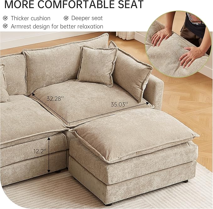 saows Modular Sectional Sofa, 112.2 Inch L Shaped Couch Set with Armrests, 3-Seater Comfy Cloud Couches for Living Room Apartment, Coffee