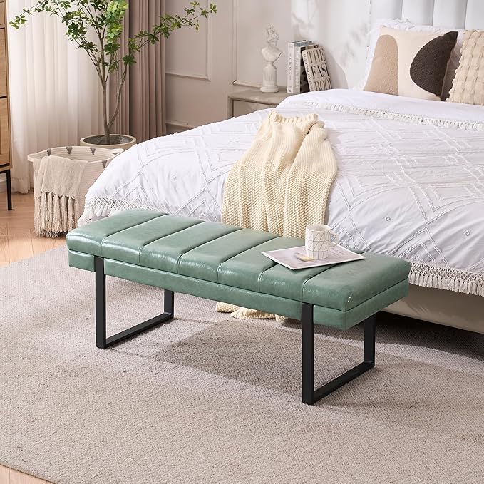 AIITTCC Faux Leather Bench 46.5" Ottoman Bench,Tufted Padded End of Bed Bench with Metal Legs, Upholstered Shoe Bench for Bedroom Living Room Entryway Window (Sage Green, 46" Wide)