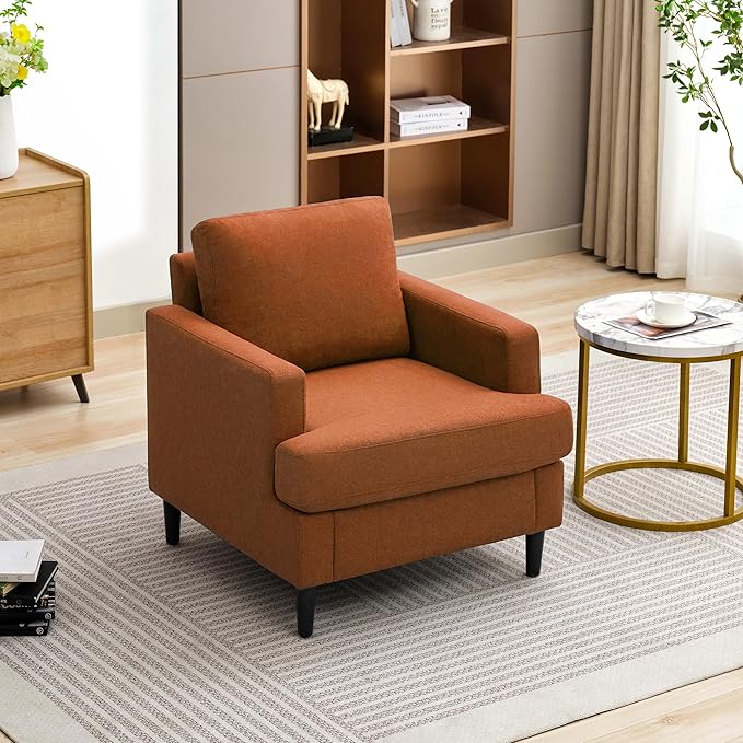 Weture Mid-Century Accent Chair,Modern Linen Fabric Armchair for Living Room,Comfy Upholstered Reading Accent Chairs for Bedroom,Single Sofa Chair with Wood Legs (Orange, 1 Pack)