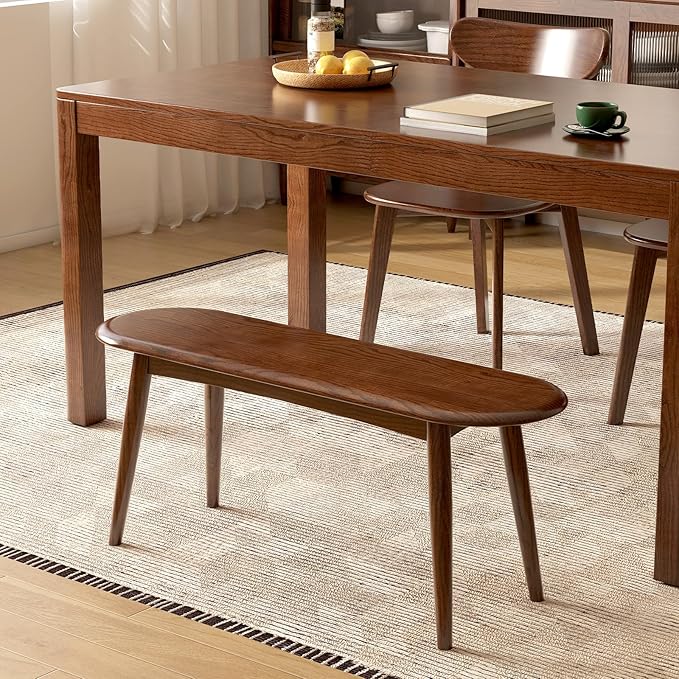 Vadisun 100% Solid Oak Wood Dining Bench, 39.5'' Entryway Bench Ottoman with Rounding Corner Design for Kitchen Living Room Bedroom, Walnut