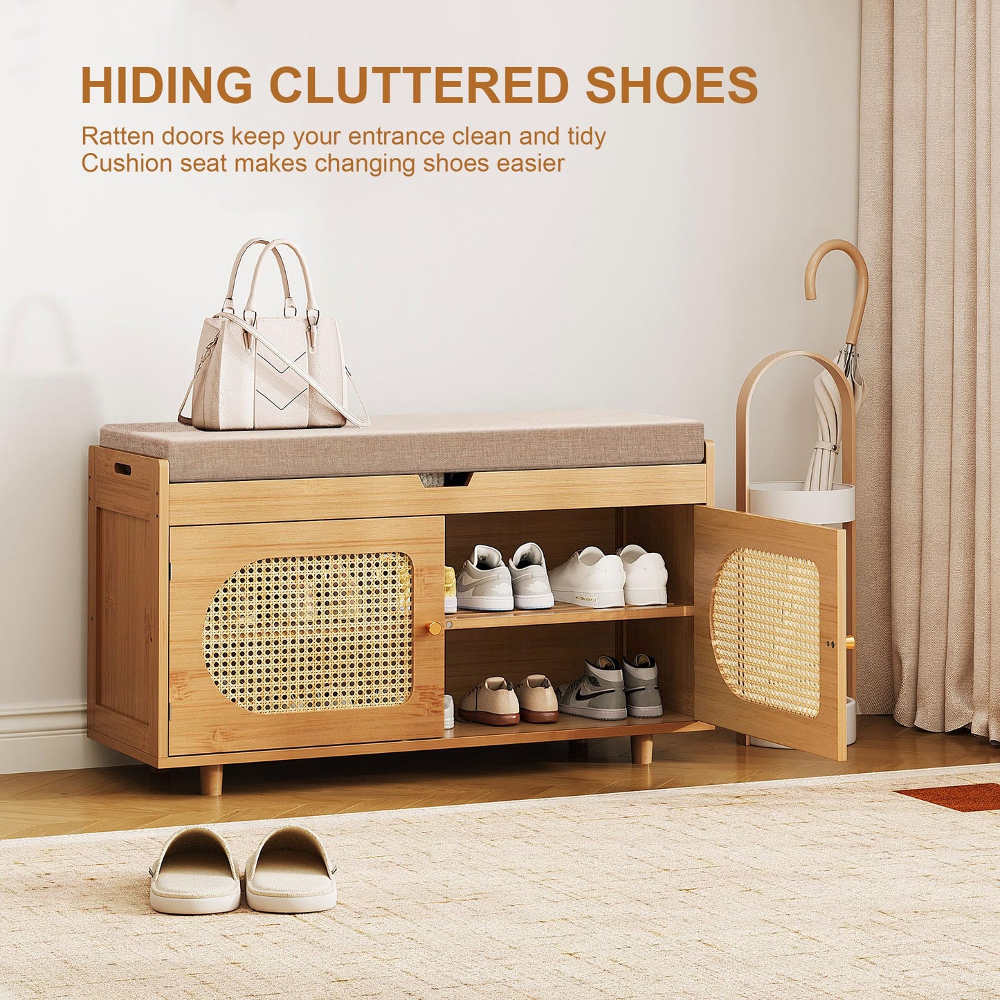 PETKABOO Rattan Shoe Storage Bench,Bamboo Entryway Bench, 2-Tier Shoe Rack,35.4" W x 12.6" D x 19.7" H with 2 Doors & Padded Seat Cushion for Entryway, Living Room, Bedroom, Natural