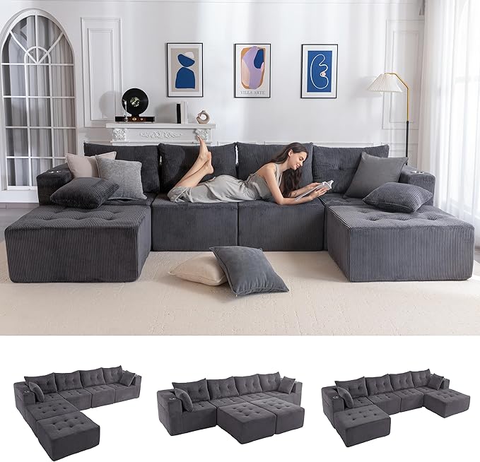 MAXYOYO 129.5" Modular Sectional Sofa Couch, U Shaped Modern Cloud Couch with 2 Ottomans, Sofa in A Box, Tufted 6-Seat Boneless Sleeper Chair for Living Room, No Assembly Required, Grey