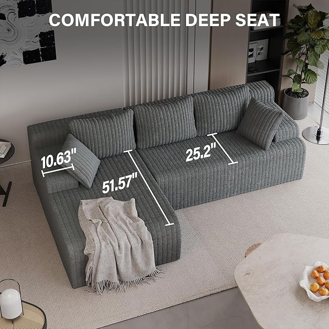 LAUSAINT HOME 96" Modular Sectional Sofa Couches, L-Shaped Boneless Cloud Sofa with 3 Deep Seat, 5 Cushiones Oversized Chaise for Living Room, Bedroom, Plush Corduroy Fabric (Left, Grey)