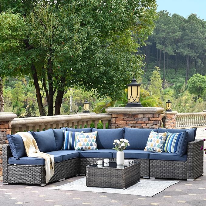 HOOOWOOO 7 Piece Patio Sectional Furniture Set,Modern Wicker Outdoor Conversation Sofa Sets,Weather Resistant Modular L Shaped Outside Couch Table Set(Denime Blue)