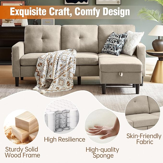 Pingliang Home 80" Convertible Sectional Sofa Couch with Movable Ottoman, 3 Seats Sectional Sofas L Shaped Couch for Small Spaces, Soft Fabric Couch for Living Room (Beige)