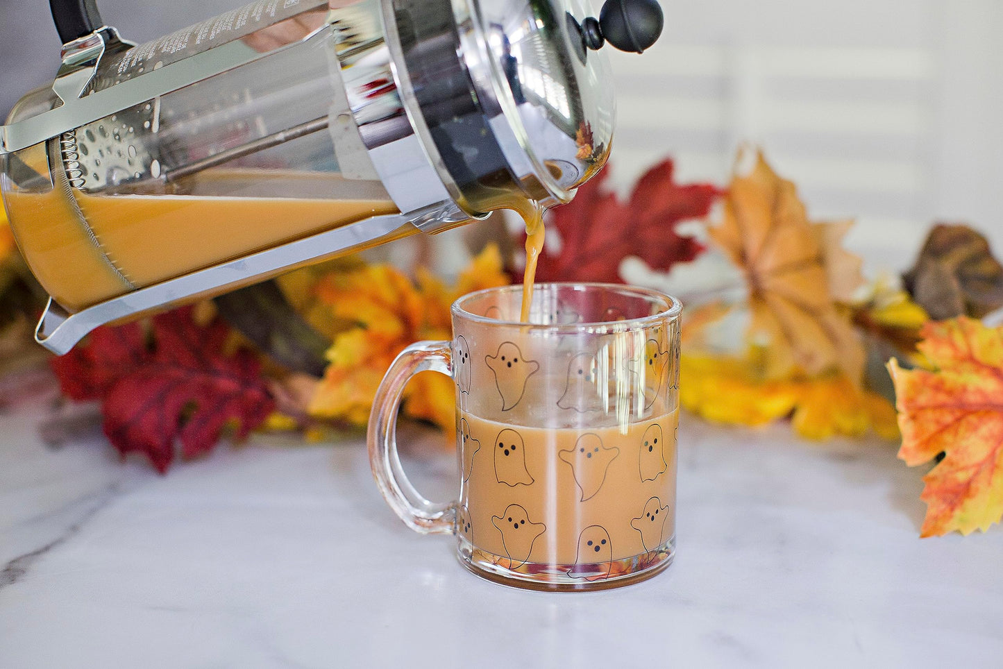 Pearhead Glass Ghost Mug, Halloween Home Décor, Coffee And Tea Glass Mug, Fall Drinkware Accessories, Seasonal Mug 12 oz.