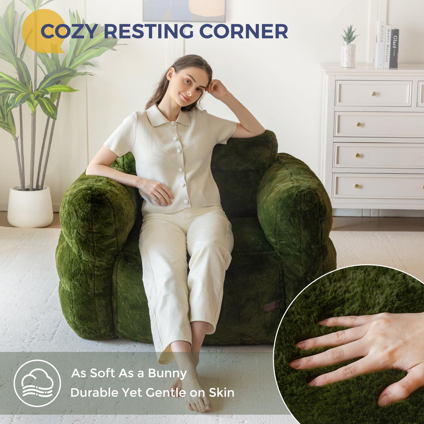 MAXYOYO Giant Bean Bag Chair for Adults, Ultra Soft Fluffy Bean Bag Sofa, Oversized Floor Sofa for Living Room Bedroom, Cozy Reading Chair with Filler, Green