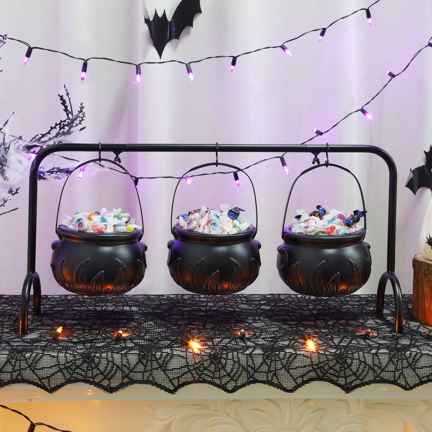 Zcaukya St. Patrick's Day Decorations, 3 Packs Plastic Witch Cauldrons Hanging On Iron Rack, Black Witch Pots Set with Stand Candy Holders for Haunted House Party Supplies Tabletop Decor