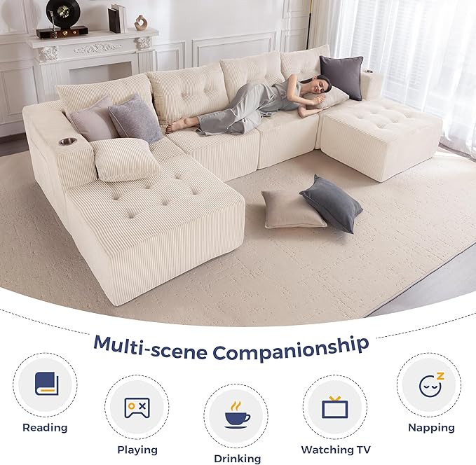 MAXYOYO 129.5" Modular Sectional Sofa Couch, U Shaped Modern Cloud Couch with 2 Ottomans, Sofa in A Box, Tufted 6-Seat Boneless Sleeper Chair for Living Room, No Assembly Required, Beige