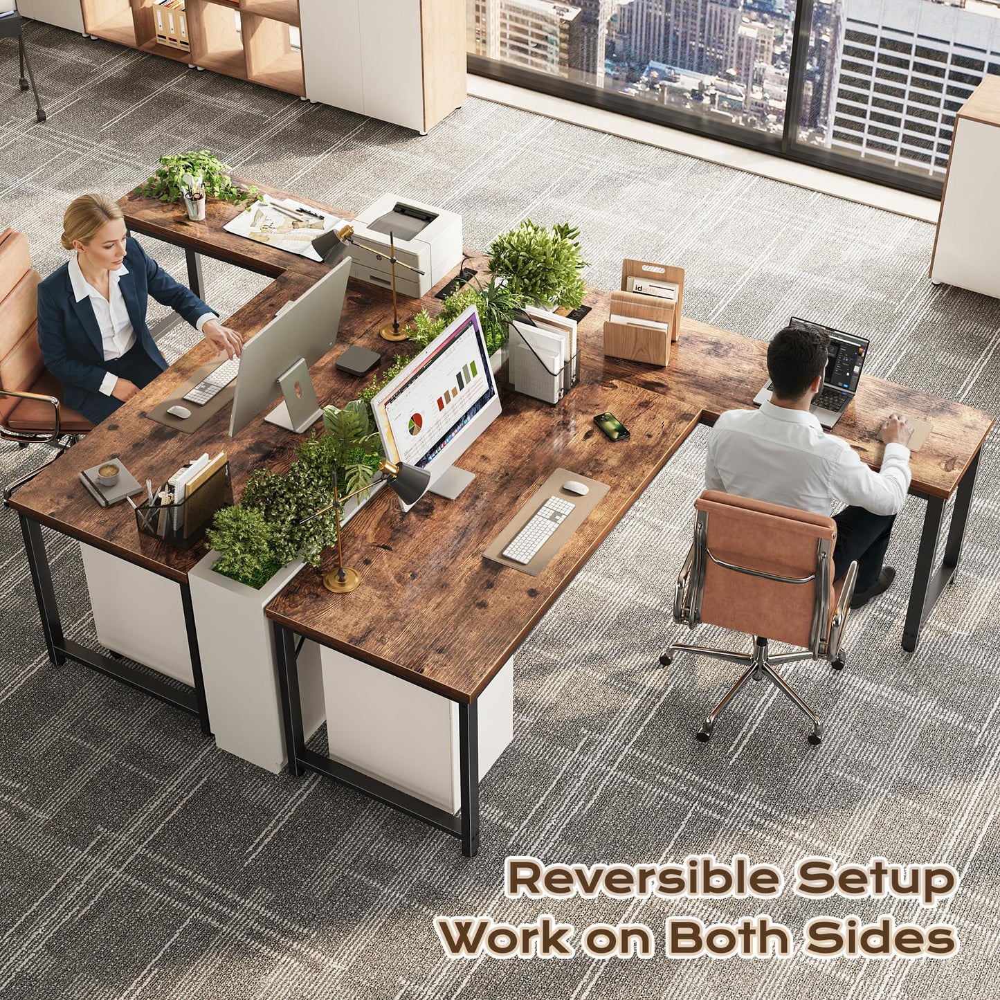 Huuger 63 Inch L Shaped Desk with Power Outlets and USB-C Port, 0.95 Inch Thicker Desktop, Reversible Computer Desk, Larger Office Corner Gaming Desk, Metal Frame, for Home Office, Study, Rustic Brown