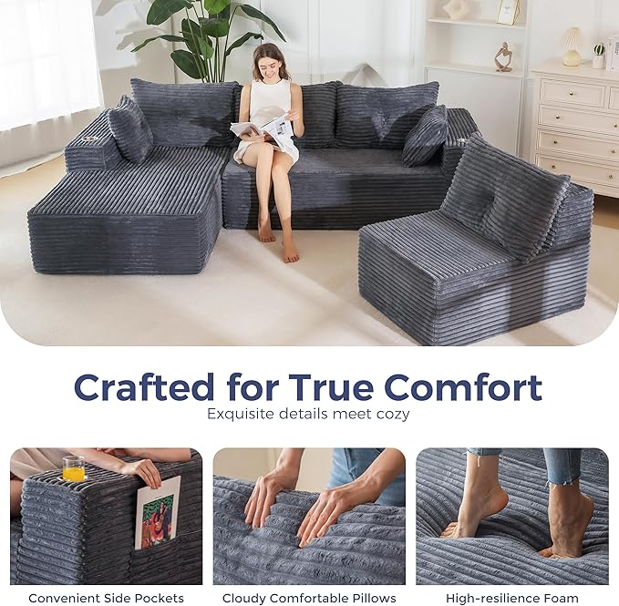 MAXYOYO 132" Oversize Modular Sectional Couch with L-Shape Chaise, Modern Boneless Couch for Living Room, Sofa in A Box, Oversized Sofa Sleeper with Deep Seat, No Assembly Required, Dark Grey