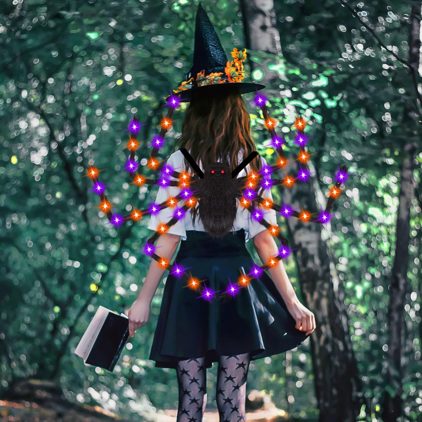 Halloween Spider Costume for Adult Orange Black LED Lights Candy Backpack Headband Ring Tattoos for Trick or Treat Cosplay Halloween Party Decorations Accessories (Batteries Not Included)