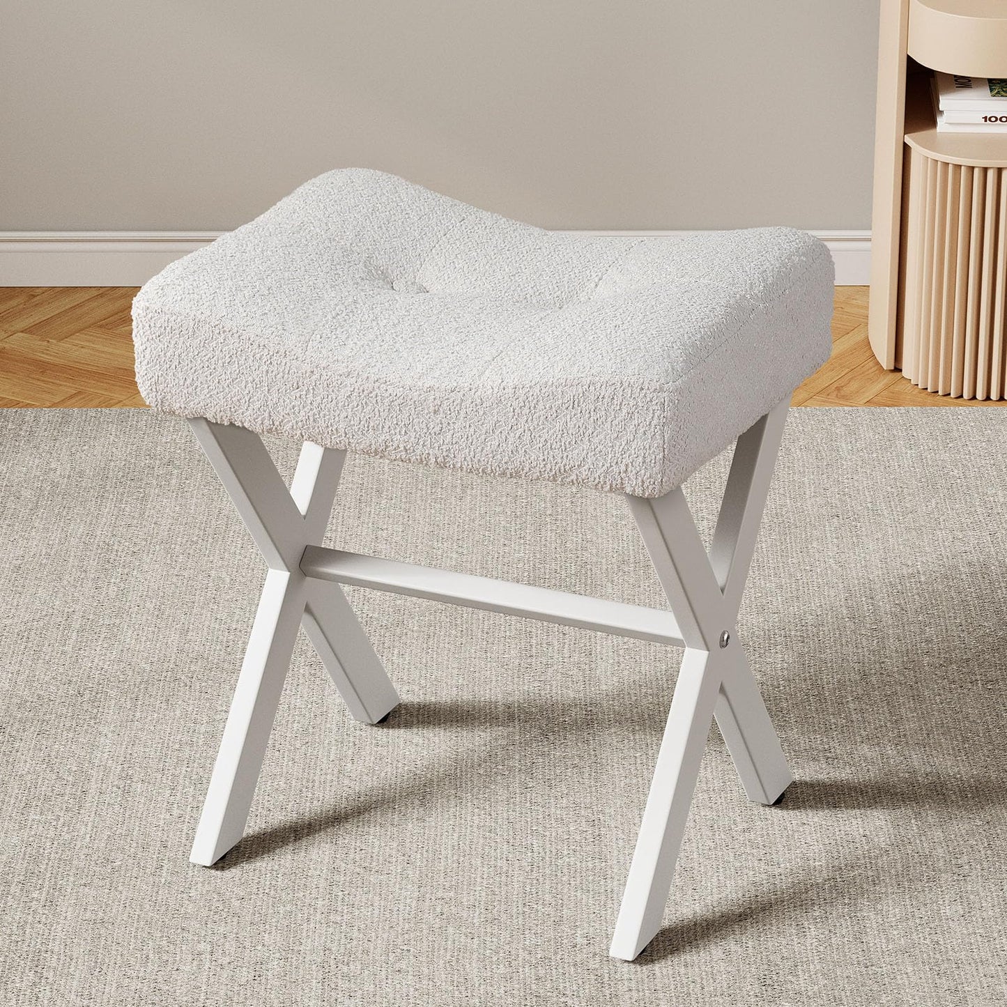 Memobarco 18-Inch Vanity Stool Chair, Vanity Bench with Metal X-Legs, Ottoman Foot Stool with Breathable and Soft Boucle Fabric Saddle Seat, White