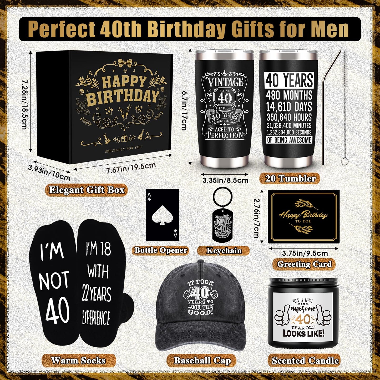 JTAMOHI 40th Birthday Gifts for Men - Unique Box with 20 Oz Tumbler, Scented Candle, Socks, Baseball Cap for Husband, Dad, Friends, Coworker, Teachers, Boss