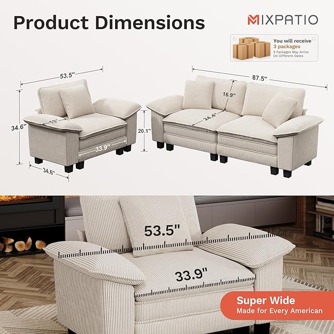 MIXPATIO L-Shaped Cloud Modular Sofa Set with Chaise, Deep Seat 3-Piece Sectional & Removable Arms, Plush Corduroy for Living Room - Beige