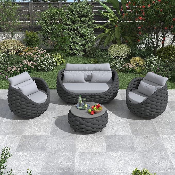 Erotr 4-Piece Woven Rope Outdoor Seating Set: Alumunim Frame, No Assembly, All-Weather Accent Patio Furniture - Modern Garden Lounge Conversation Set for Backyard Deck Porch Poolside Hotel