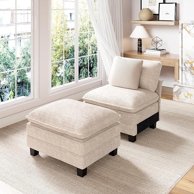 PHI VILLA Indoor Lounge Sofa Chair, One-Person Oversized Sectional Sofa with Ottoman, Single Chaise with Upholstered Deep Seat for Bedroom Reading, Chenille Fabric, Beige