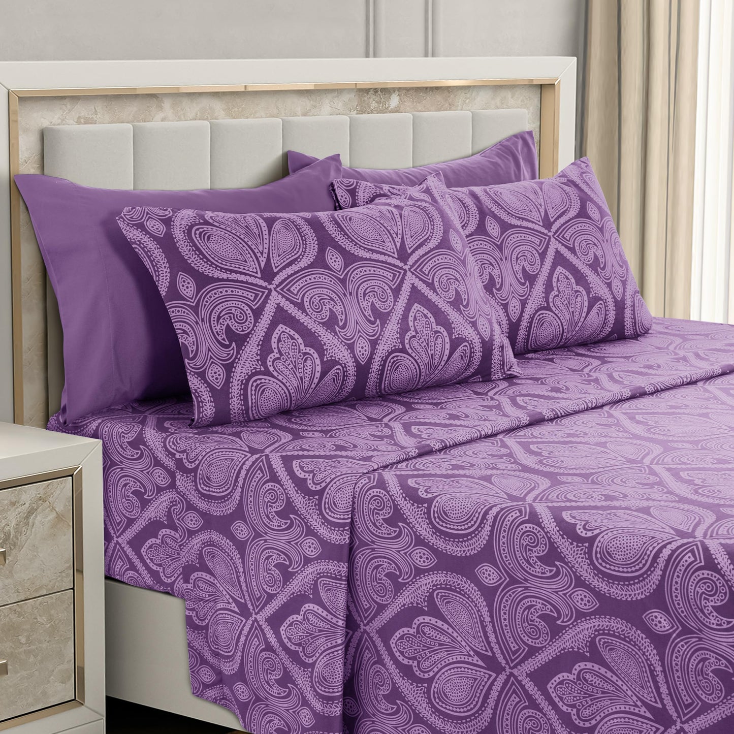 LUX Décor Paisley King Sheet Set, 6 PC Soft Microfiber Wrinkle Free Sheets - Luxurious Printed Bed Sheets Includes Flat Sheet, Fitted Sheet with Deep Pockets, & 4 Pillowcases - Purple