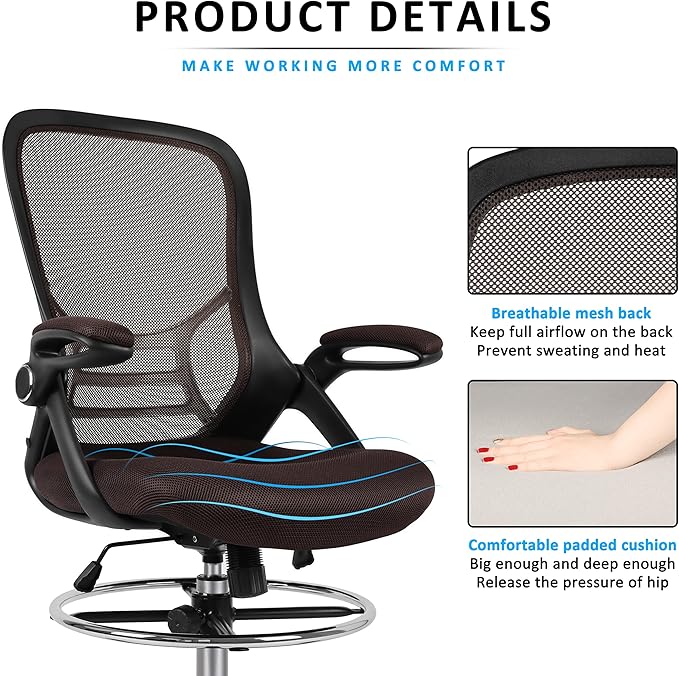 HYLONE Drafting Chair, Tall Office Chair Standing Desk Chair Brown Mesh High-Back Drafting Stool with Flip-Up Arms, Adjustable Foot Ring, Brown