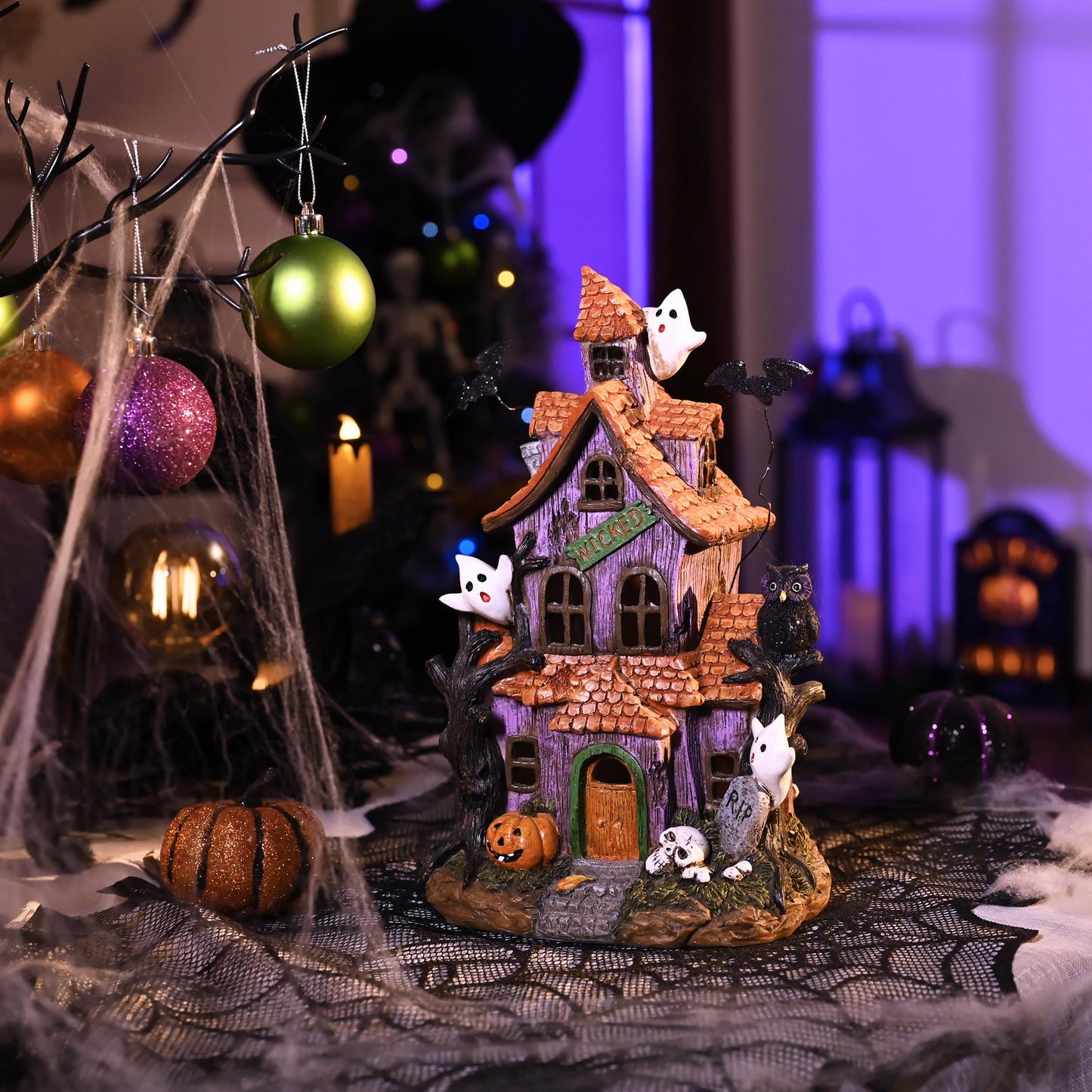 Valery Madelyn Halloween Decorations, Lighted Halloween Village Houses with LED Lights, Resin Spooky Town Happy Haunted House for Home and Party Table Desk Mantel, 9 Inch