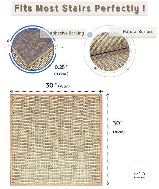 Non Slip Liner Stair Treads Matching Mat for Wooden Steps, 30"x30" Square Stair Landing Rug with Rubber Backing, Washable Indoor Safety Stair Landing Mat for Kids Elders Dogs, Brown