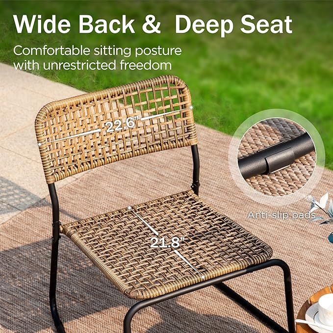 PHI VILLA 3 Pieces Outdoor Wicker Bistro Set for 2, Stackable Rattan Chairs & Acacia Wood Round End Table, Small Teak Conversation Furniture Set for Patio, Deck, Yard, Porch, Balcony