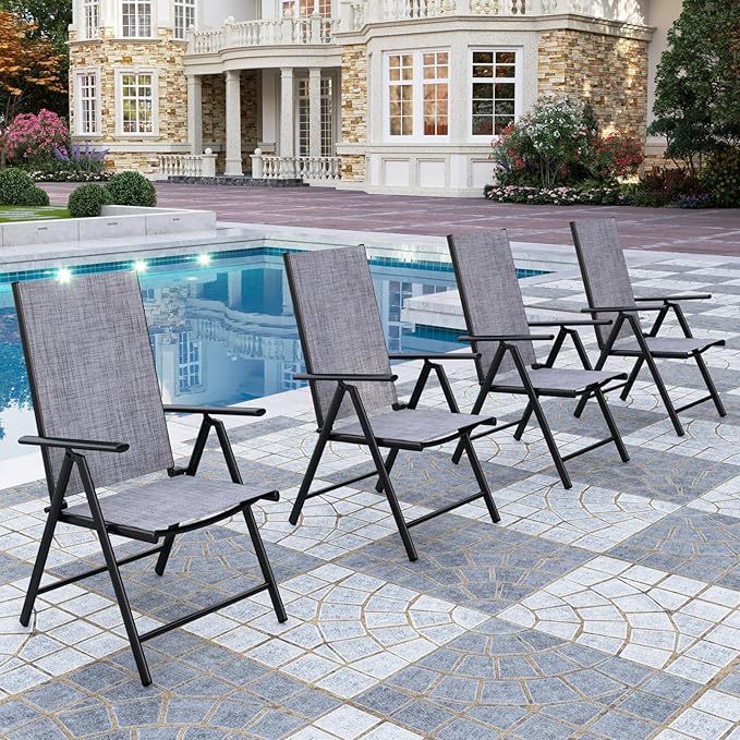 PHI VILLA Patio Folding Chairs Set of 4, Portable Outdoor Dining Chairs with Adjustable Backrest for Outside, Garden, Lawn & Yard, No Assembly, Grey