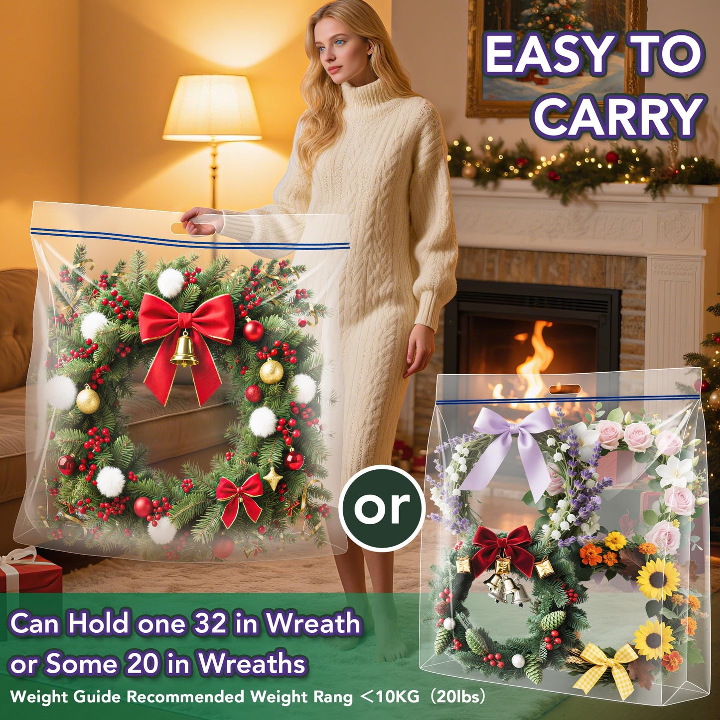 Extra Large Wreath Storage Bag, 34"x34"x8.5", Clear Storage Bag with Handle, Summer Christmas Decoration Garland Container for Seasonal Thanksgiving Holiday Artificial Wreath, 4 Pack