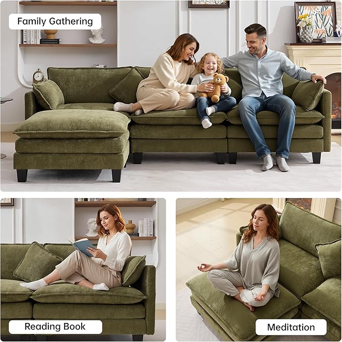 Opiesit 108" Modular Sectional Couches for Living Room with Ottoman, L Shaped Cloud Couch with Charger, USB & Type-c Port, Comfy 4 Seats Sofas with Deep Seat, Chenille Fabric, Green