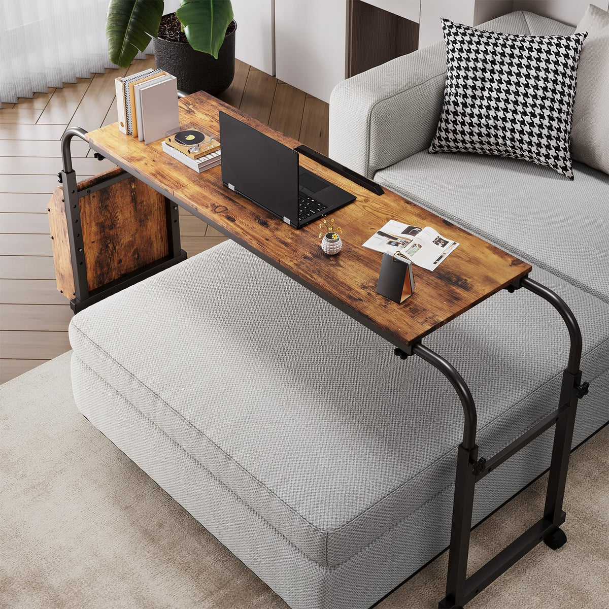 Arlopu Overbed Table with Wheels,60.6-84.2 inches Mobile Bed Desk,Rolling Computer Desk, Laptop Cart,W/0-65°Tilt Stand,4 Heights and 6 Lengths,Side Storage Basket,for Home,Office and Hospital (Brown)