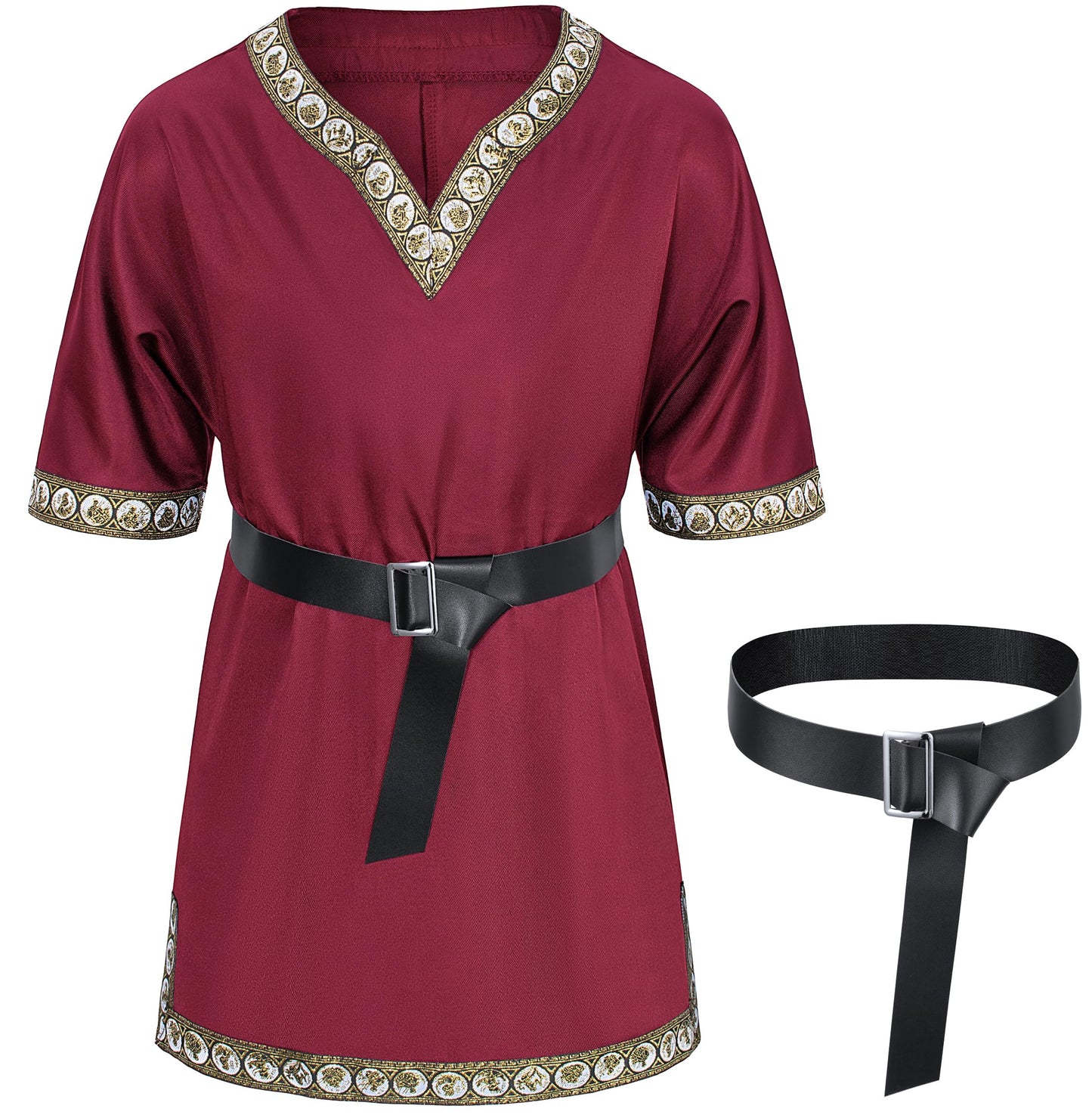 Kids Medieval Costume Boys Viking Tunic Knight Warrior Renaissance Shirts with Belt 8-10 Years Wine