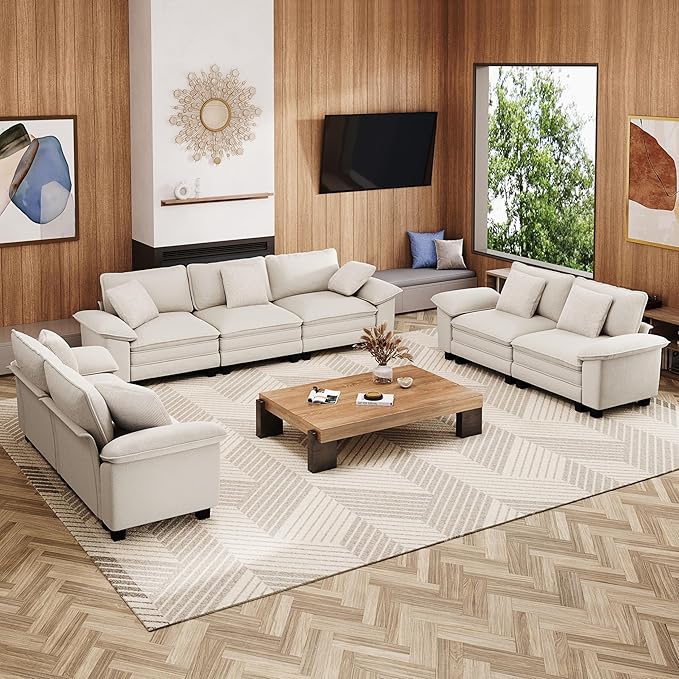 MIXPATIO Cloud Couch Sectional Sofa Set, Plush 24.4-Inch Deep 7-Seat Sectional with Velvety Chenille & Removable Arms for Living Room and Apartment, Beige