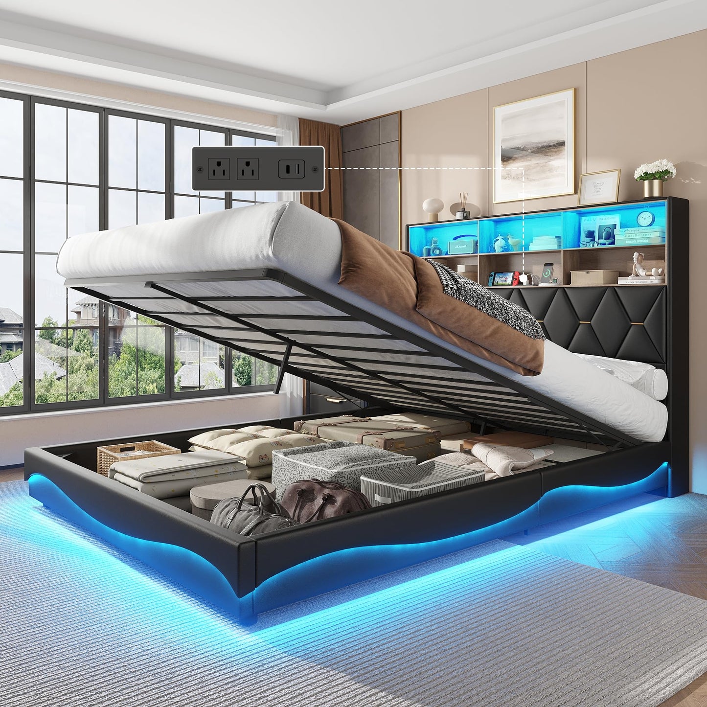 Fameill Queen Size Lift Up Storage Bed Frame, Bookcase Storage Headboard with Charging Station, LED Lights Upholstered Platform Bed, No Box Spring Needed, Noise-Free, Black