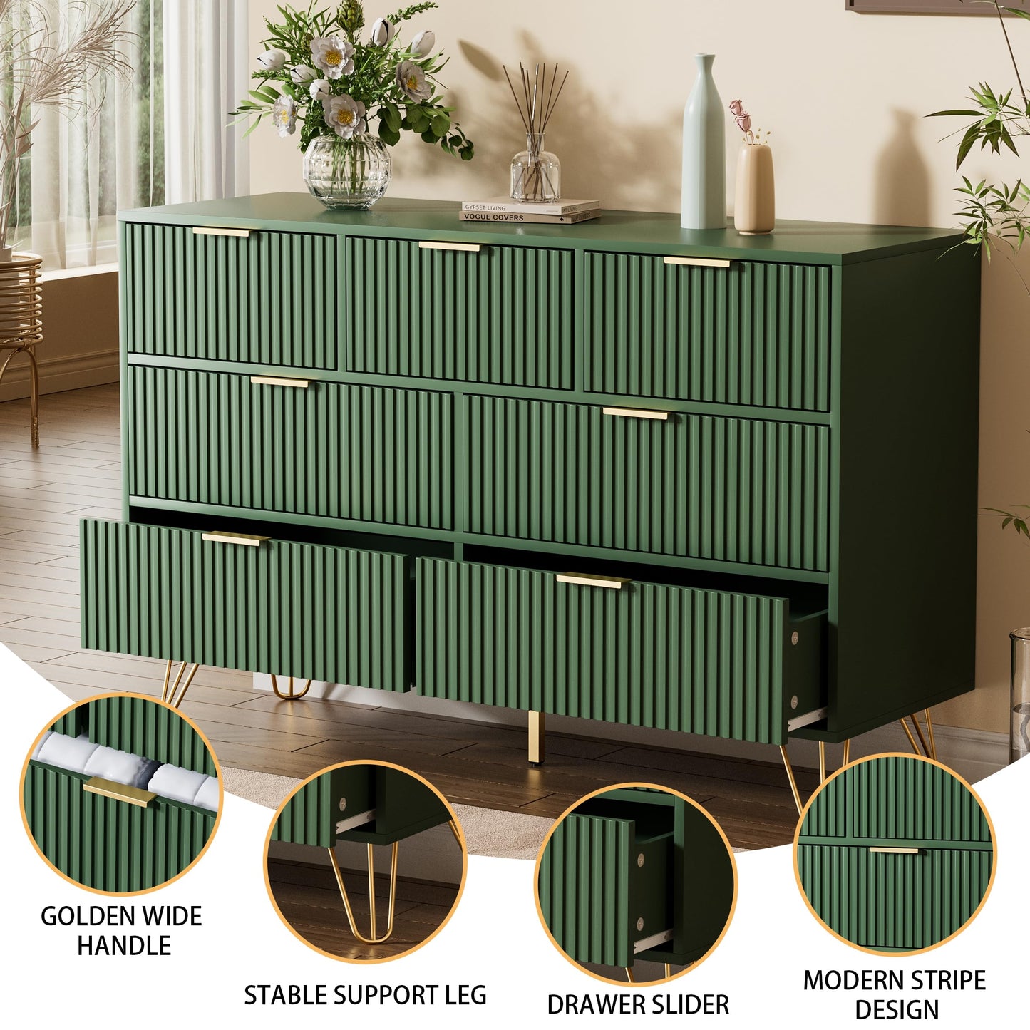 Furniway Dresser for Bedroom, Fluted Modern Dresser with Gold Pulls and 7 Drawers, 15.7" D x 47.2" W x 31.4" H, Green