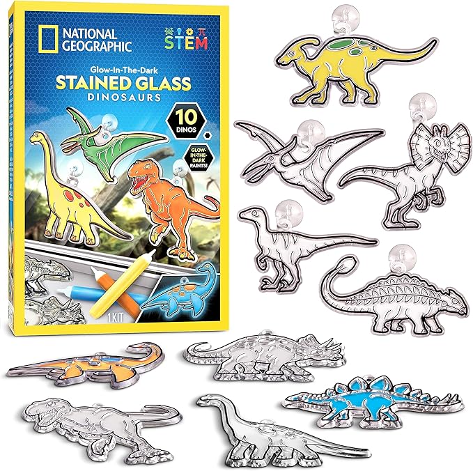 National Geographic Kids Stained Glass Kit - Glow in The Dark Dinosaur Toys, Kids Arts and Crafts Set, Window Sun Catcher...