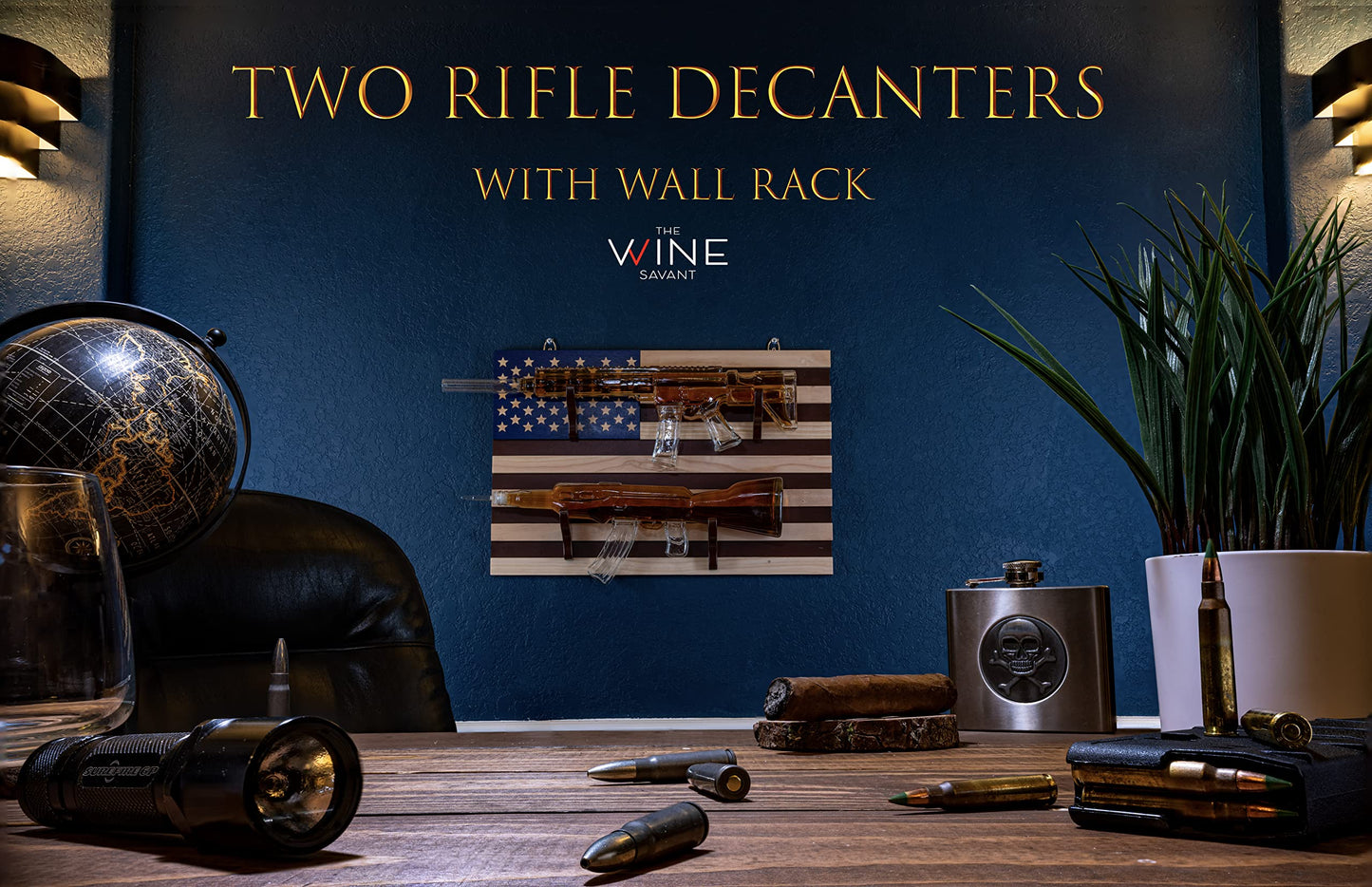 Gifts for Men Dad, Whiskey Decanter Set, 2 Gun Whiskey Decanters Set AR15 and AK47 Gun Decanter 1000ml American Flag Wall Rack - Veteran Gifts, Gun Lover Gifts, Tik Tok Gun Decanter, Military Gifts