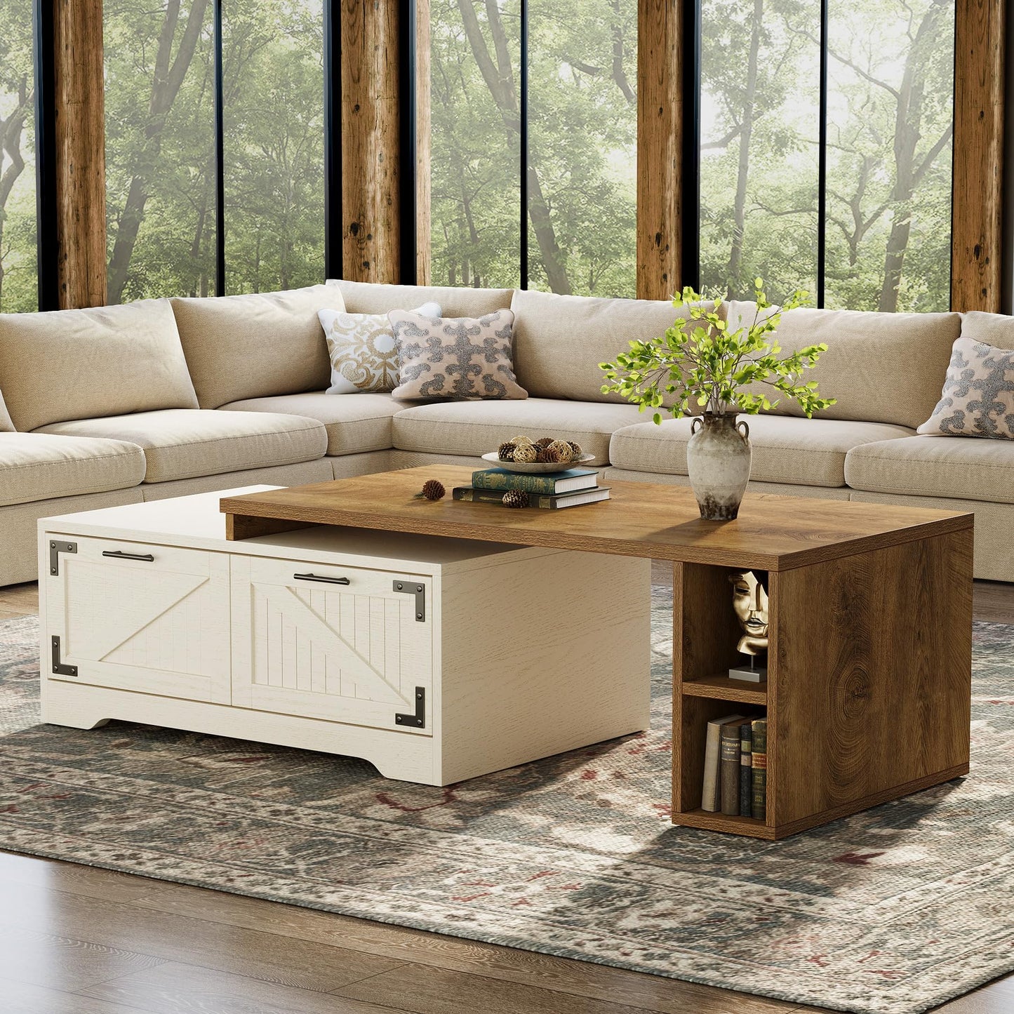 Tribesigns Extendable Large Coffee Center Table for Living Room, 47.24-Inch Farmhouse Rectangle Tea Cocktail Table with 2 Storage Drawers and Open Shelves, White and Rustic Brown
