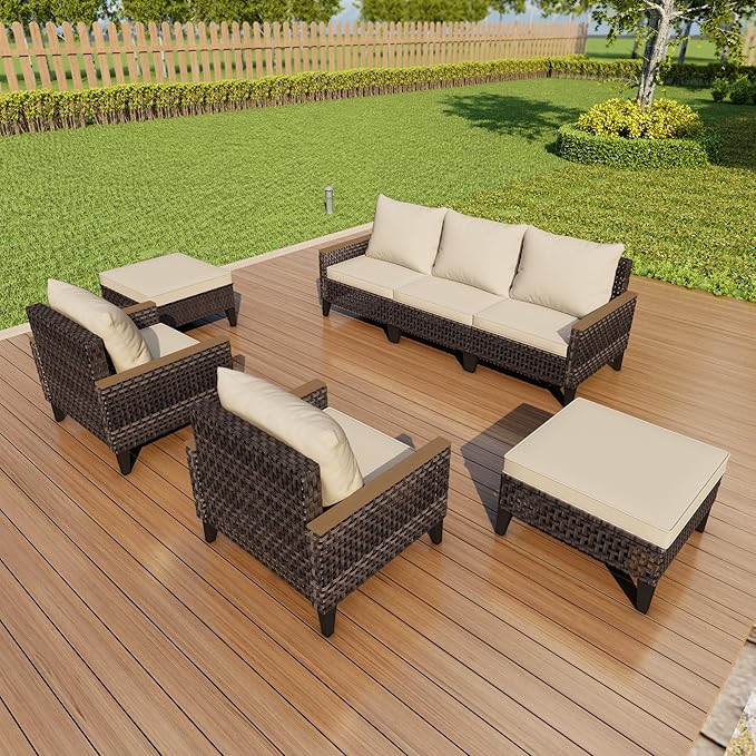 PCSXDSW 7 Pieces Patio Furniture Set, Outdoor Conversation Sets with Footstool, Wicker Rattan Sofa Couches Chairs Ottomans for Porch, Poolside, Deck, Balcony, Backyard, Yard, Garden (Beige Cushions)