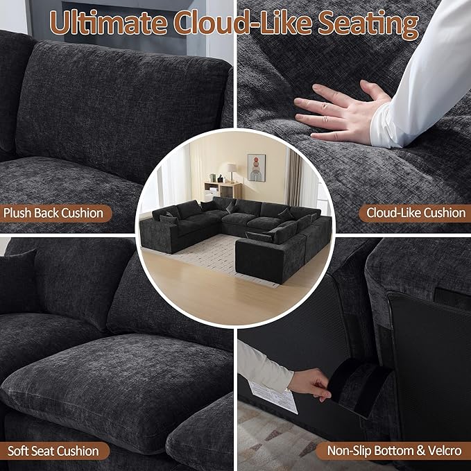 155''Cloud Boneless Sectional Couch, Modular Sectional Sofa Deep Seat, Oversized Upholstered Convertible Comfy 8 Seater Chenille Memory Foam Sofa U Shape Couches for Living Room, Dark