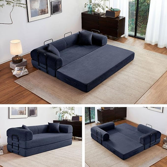 79" 5-in-1 Folding Convertible Sofa Bed, Oversized Corduroy Futon Floor Couch with Pull-Out Sleeper, Modular Boneless Loveseat for Small Spaces, Living Room, Bedroom (Dark Blue)