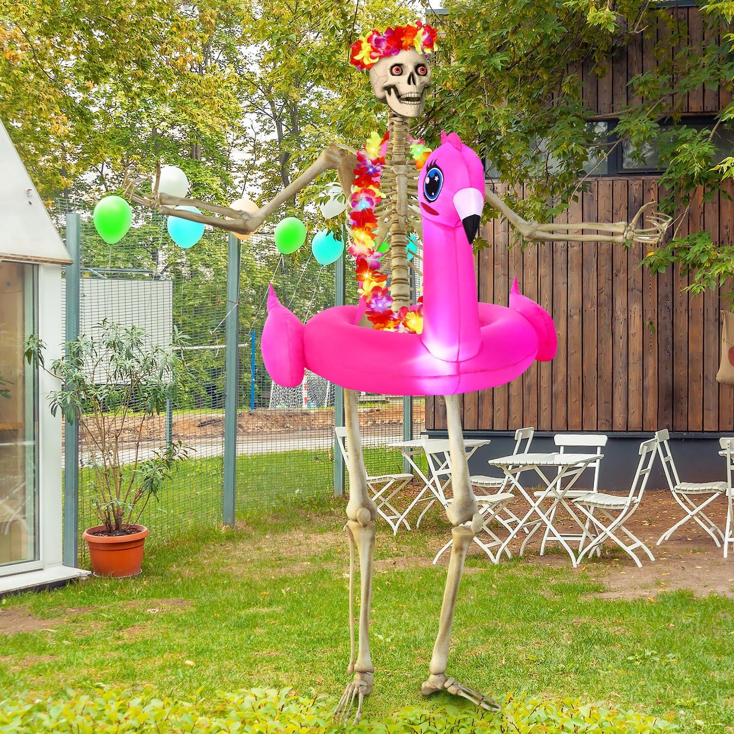 Knitgrip 4 Pcs Summer Hawaiian 12 ft Skeleton Costumes Set Includes Inflatable Flamingo Swimming Ring with Light Hawaiian Leis Chest Ring Luau Flower Headpiece for Luau Party Garden Lawn Decor