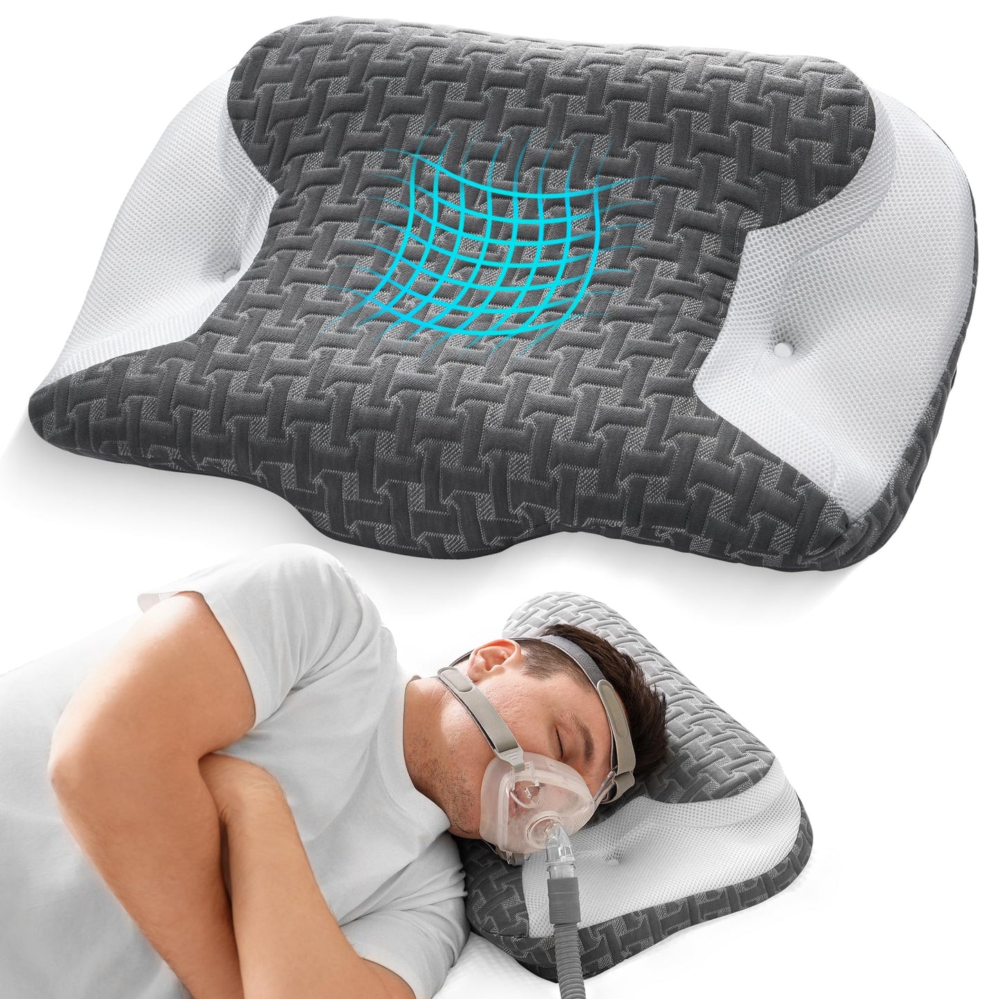 Joynox Cervical Neck Pillow for Cpap Users, Memory Foam Sleep Apnea Pillow, Ergonomic Adjustable Cpap Pillows for Side and Back Sleepers, Reducing Air Leaks and Mask Pressure