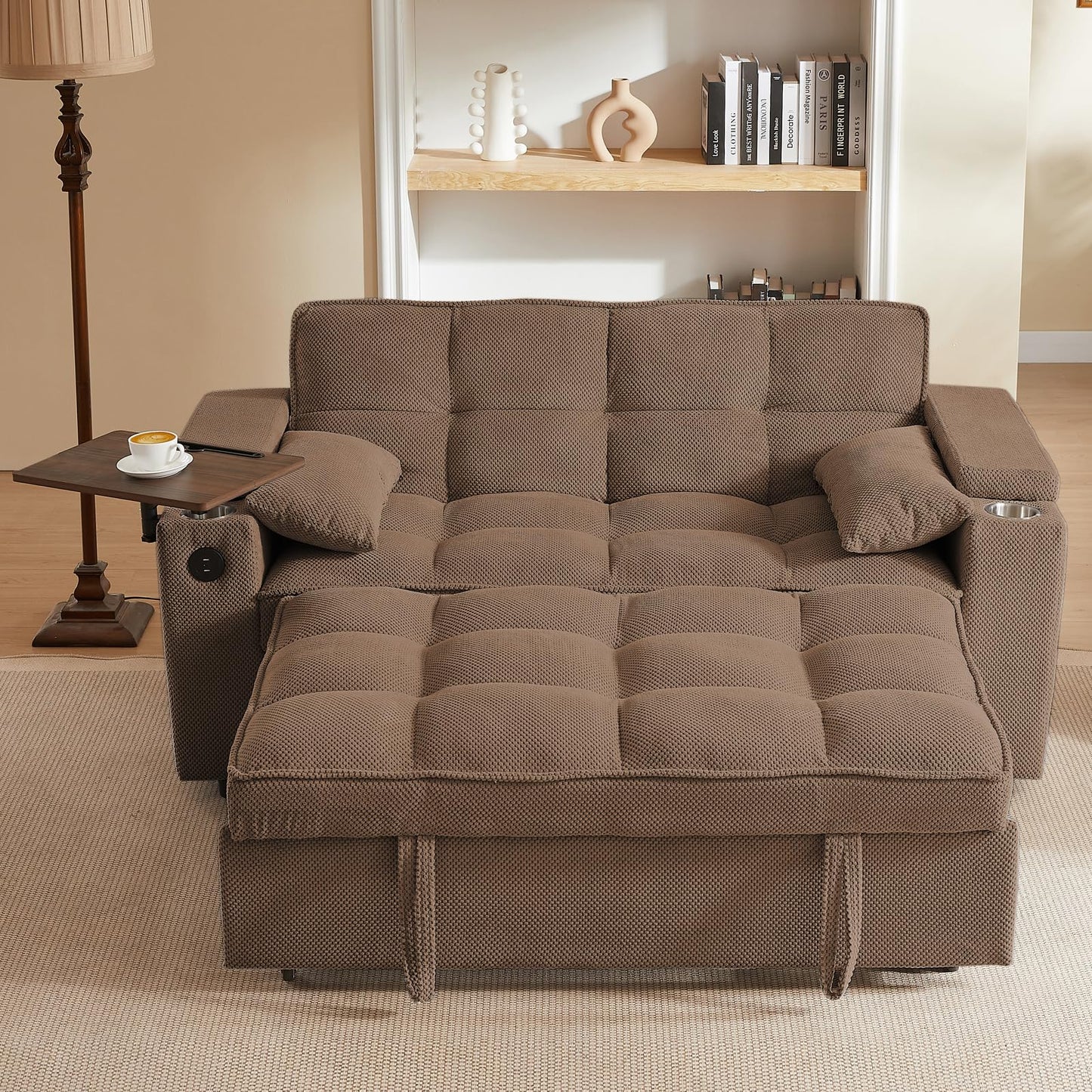 hansones 65'' 3-in-1 Folding Convertible Sofa Bed, Queen Size Pullout Sofa, Modern Chenille Fabric, 360° Swivel Side Table, Easy Assembly, Perfect for Living Room