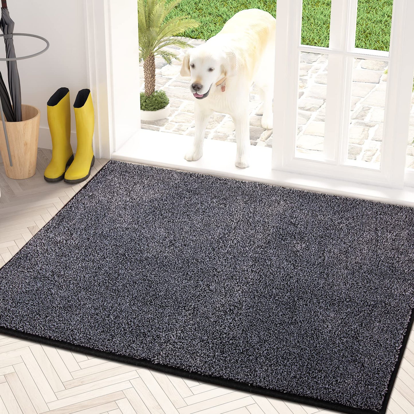 PURRUGS Dirt Trapper Door Mat 34" x 59", Non-Slip Machine Washable Entry Rug, Shoe Scraper, Dog Doormat, Super Absorbent Welcome Mat for Front & Back Door, Muddy Shoes & Paws, Bluish Grey-Black