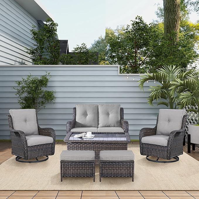 Belord Wicker Outdoor Furniture Patio Furniture Set - 6 Piece Patio Conversation Set with Swivel Rocker Chairs, Loveseat Sofa, Ottomans and Coffee Table, Gray Cushion