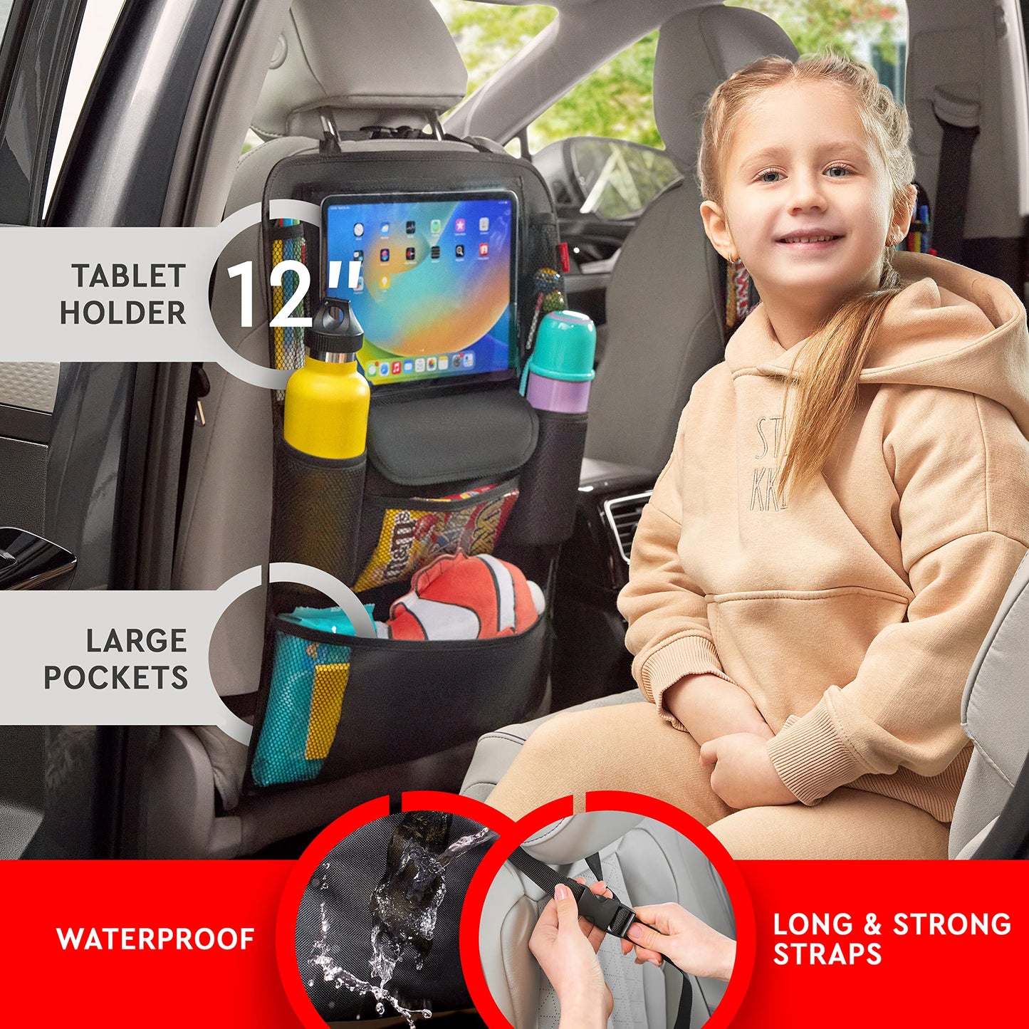 Helteko Car Seat Organizer, Ultra Version Kids Backseat Car Organizers and Storage, Waterproof Back Seat Protector Kick Mats with Tablet Holder 12 in, Car Accessories Interior and Travel Essentials.