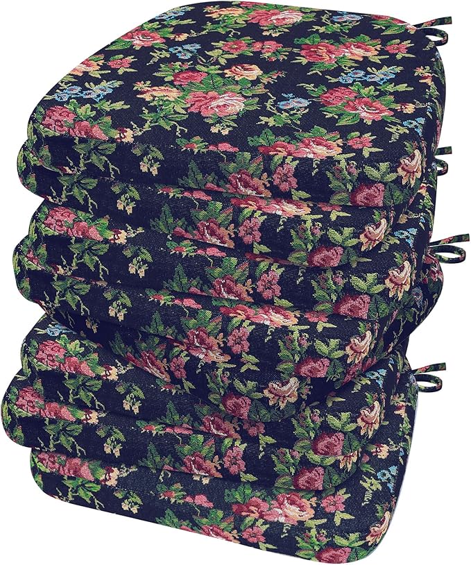 AAAAAcessories D-Shaped Chair Cushions, 2" Thick Dining Chair Pads with Ties and Removable, Machine-Washable Cover, 17" x 16", Set of 8, Night-Blooming Blossoms