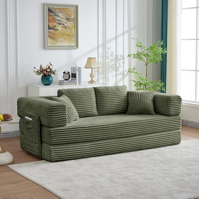 79.5" Folding Convertible Sofa Bed with Side Storage Pockets, 4-in-1 Corduroy Boneless Couch, No Assembly Loveseat Sleeper, Floor Sofa Daybed Futon Couch for Living Room Bedroom Lounge, Green Upgraded