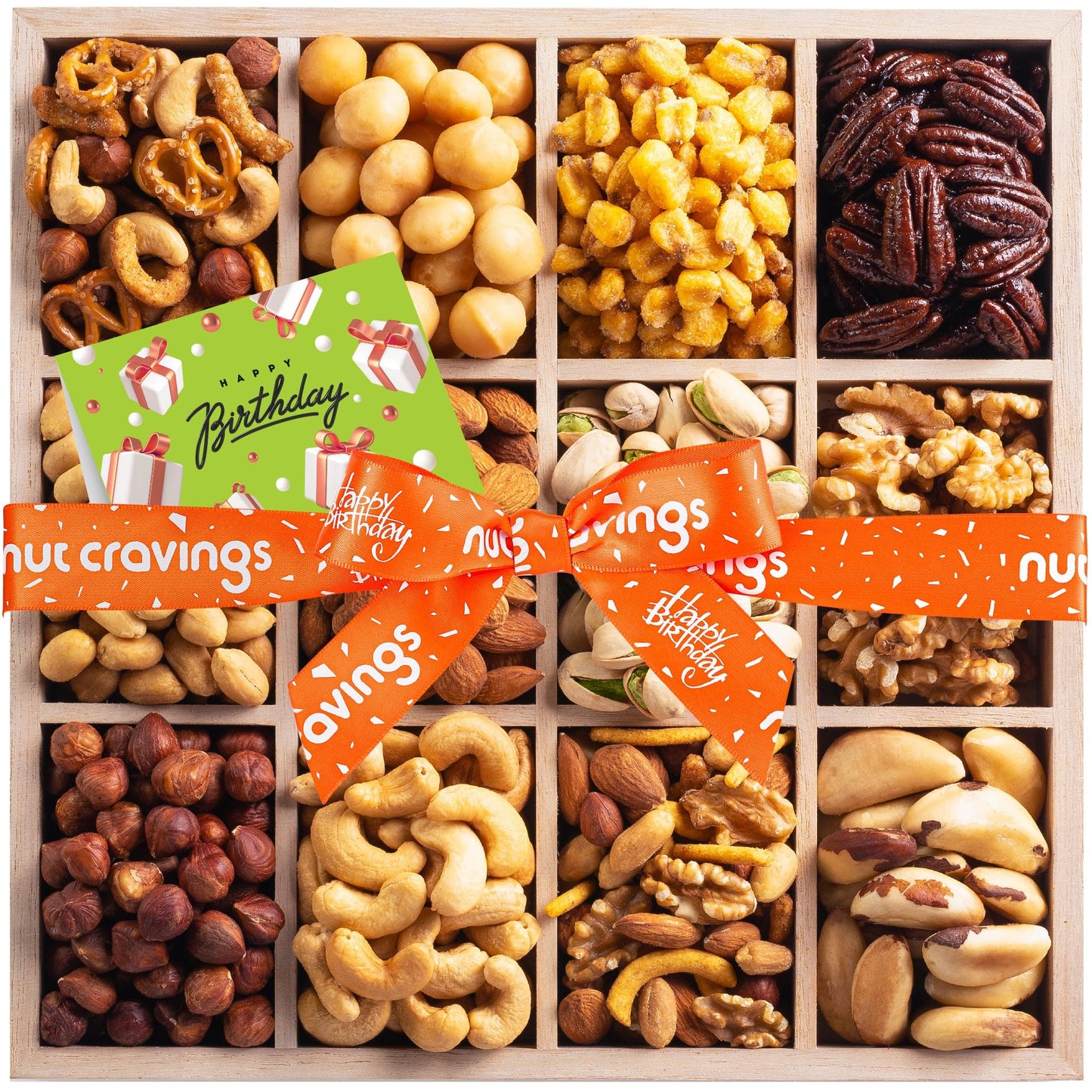 NUT CRAVINGS Gourmet Collection - Happy Birthday Treats, Nuts Gift Basket with Bday Ribbon in Reusable Wooden Tray (12 Assortments) Food Arrangement, Healthy Snack Care Package, Food Assortments